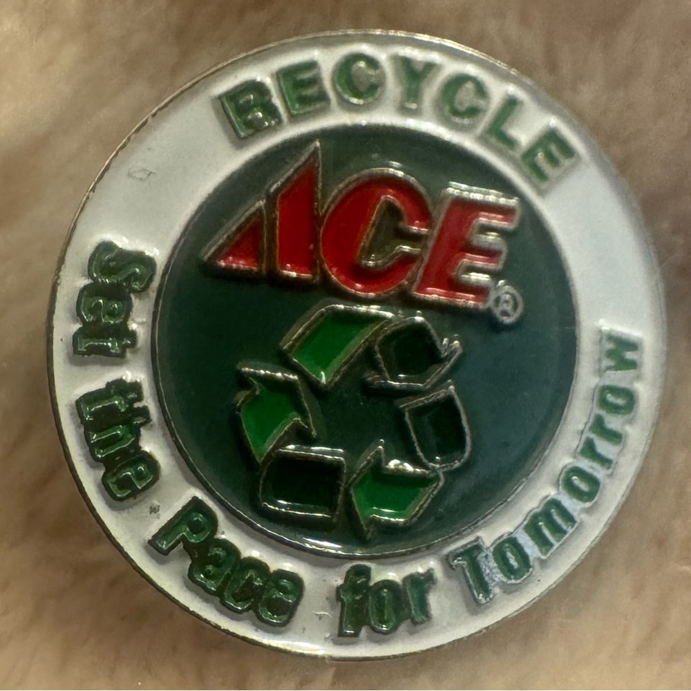 Rare Ace Hardware, recycle, lapel, pin, silver tone, ‘set the pace for tomorrow’
